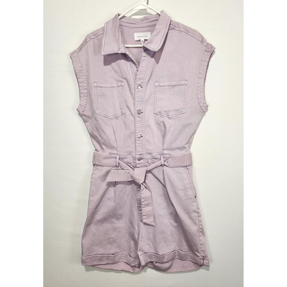 Dear John Women's Large Lavender Utility Romper Belted Denim Look Short Sleeve